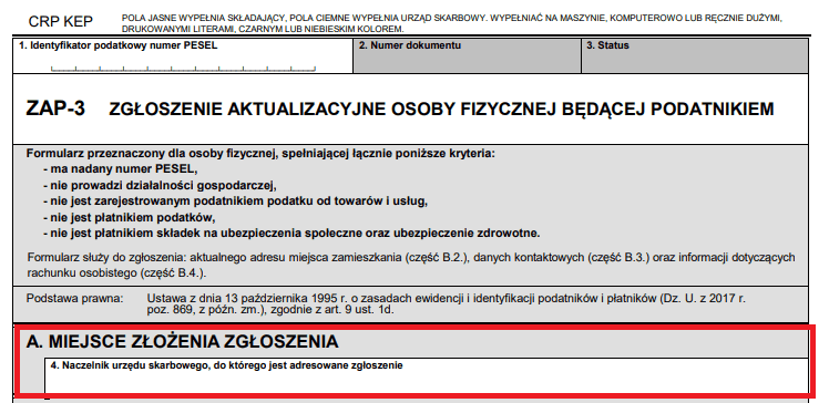 Krok 2 - Część A. Miejsce złożenia zgłoszenia