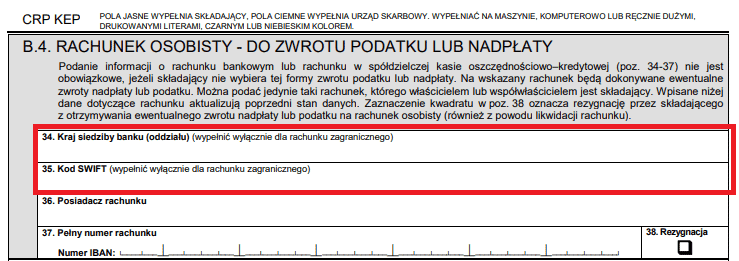 Krok 6 - Część B.4. Rachunek osobisty – kraj siedziby banku i kod SWIFT