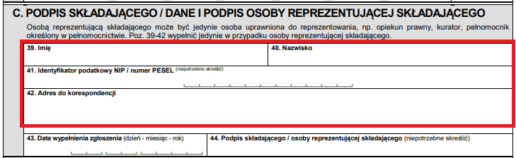 Krok 7 - Część C. Dane i podpis osoby reprezentującej składającego